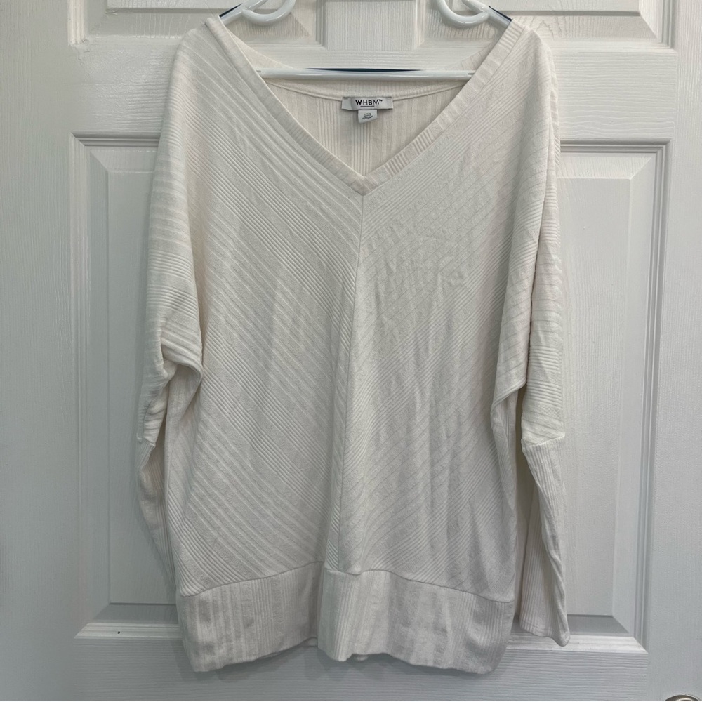 WHBM White Knit Dolman Sleeve V-Neck Relaxed Fit Women's Sweater Shirt Blouse